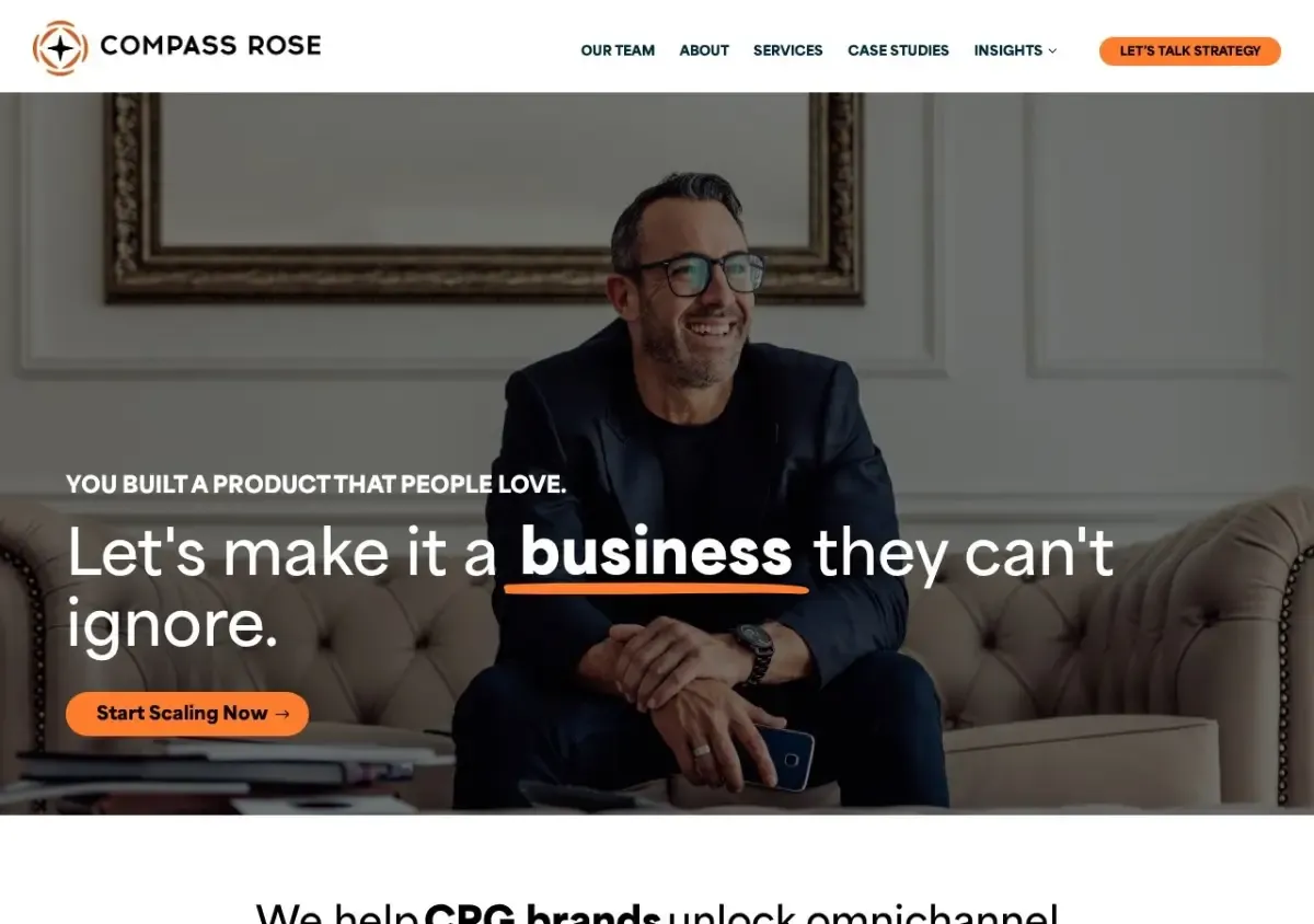 Compass Rose Ventures homepage with headline Let's make it a business they can't ignore