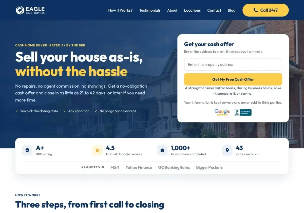 Eagle Cash Buyers homepage with headline Sell your house as-is, without the hassle
