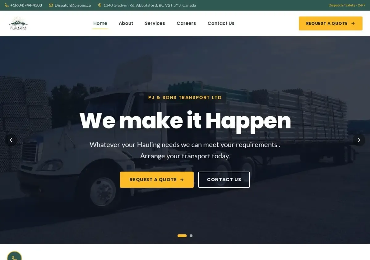 PJ and Sons Transport homepage with headline We make it Happen