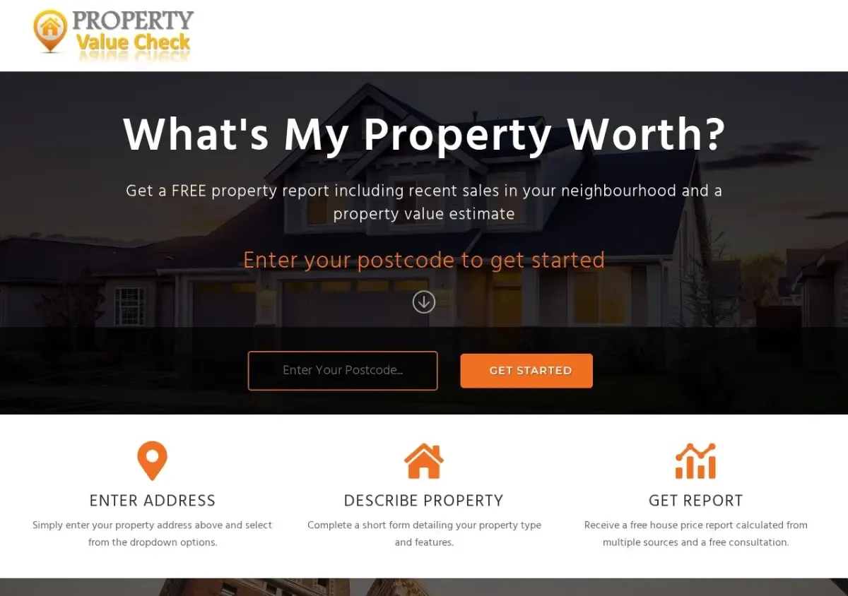 Property Value Check homepage with headline What's My Property Worth