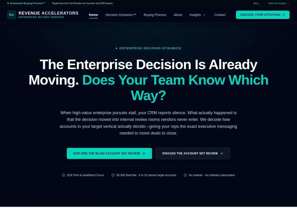 Revenue Accelerators homepage with headline The Enterprise Decision Is Already Moving