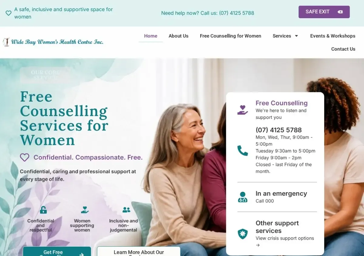 Wide Bay Women's Health Centre homepage offering free counselling services for women