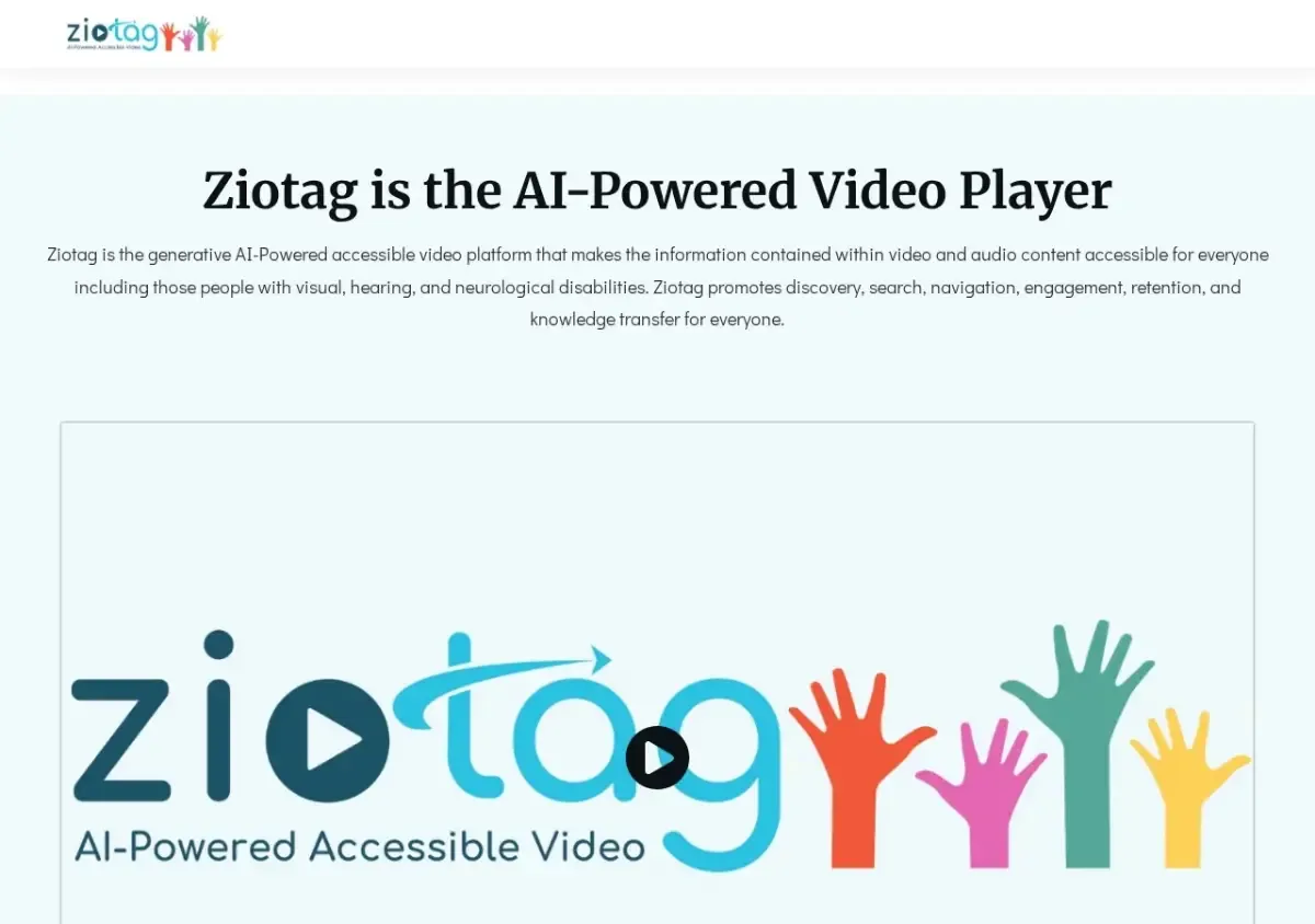 Ziotag homepage with headline Ziotag is the AI-Powered Video Player